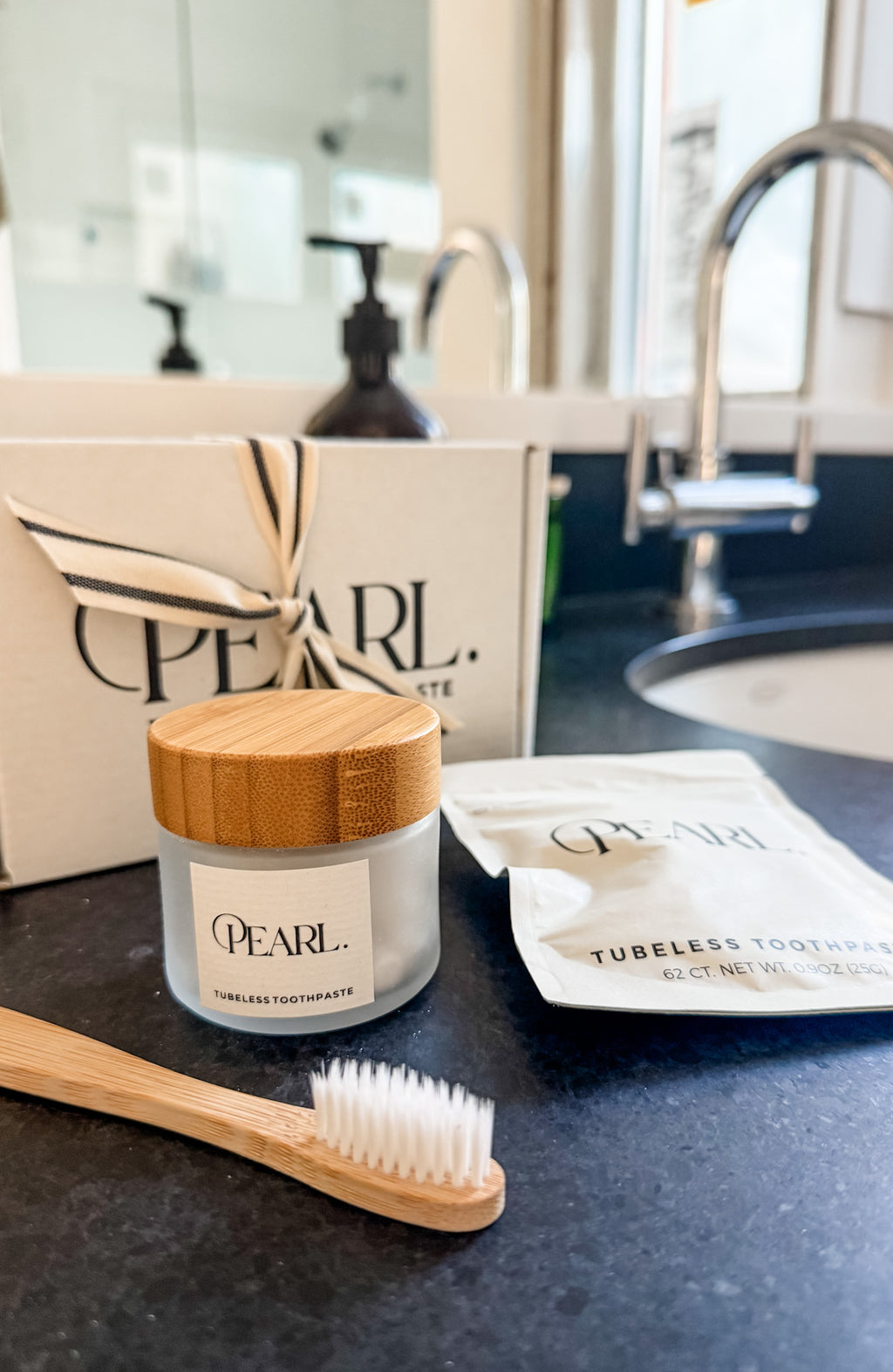 PEARL. Lux White Sea Glass Jar & Fluoride Mint Toothpaste Tablets | 62 Tablets | Mint Mini Floss | Bamboo Toothbrush