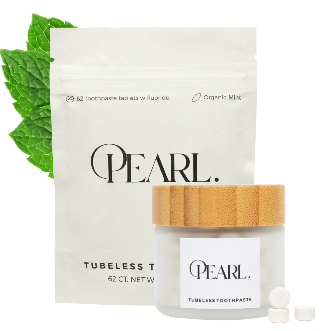 Starter Kit: The Pearl Jar - White Sea Glass & Fluoride Mint Toothpaste Tablets | 62 Tablets | Refill Pouch