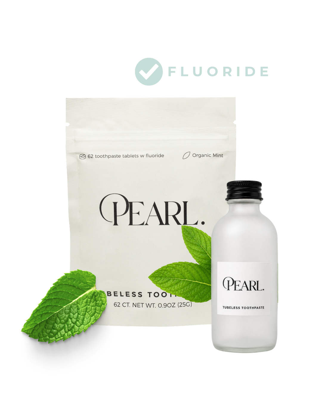 Toothpaste in a Bottle - White Sea Glass & Fluoride Mint Toothpaste Tablets | 62 Tablets | Refill Pouch