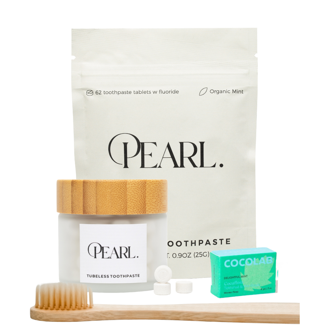 PEARL. Lux White Sea Glass Jar & Fluoride Mint Toothpaste Tablets | 62 Tablets | Mint Mini Floss | Bamboo Toothbrush