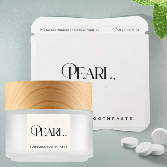 Starter Kit: The Pearl Jar - White Sea Glass & Fluoride Mint Toothpaste Tablets | 62 Tablets | Refill Pouch